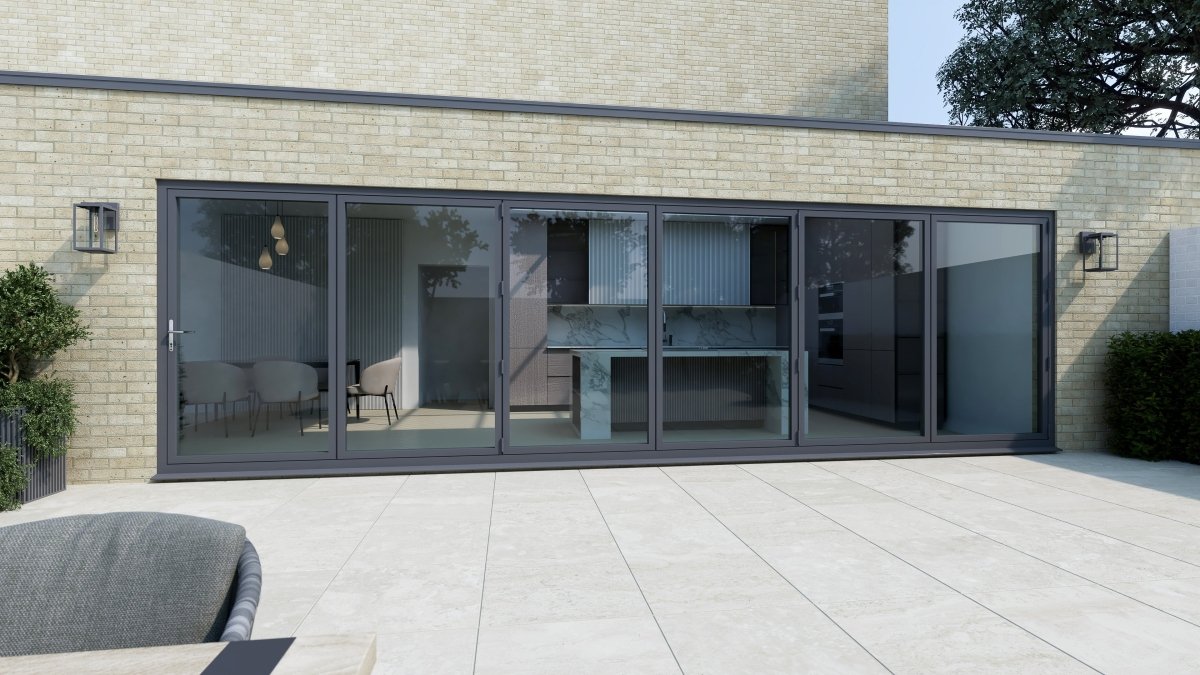 5200mm Anthracite Grey on White Aluminium Bifold Door SMART system - 6 sections - Home Build Doors