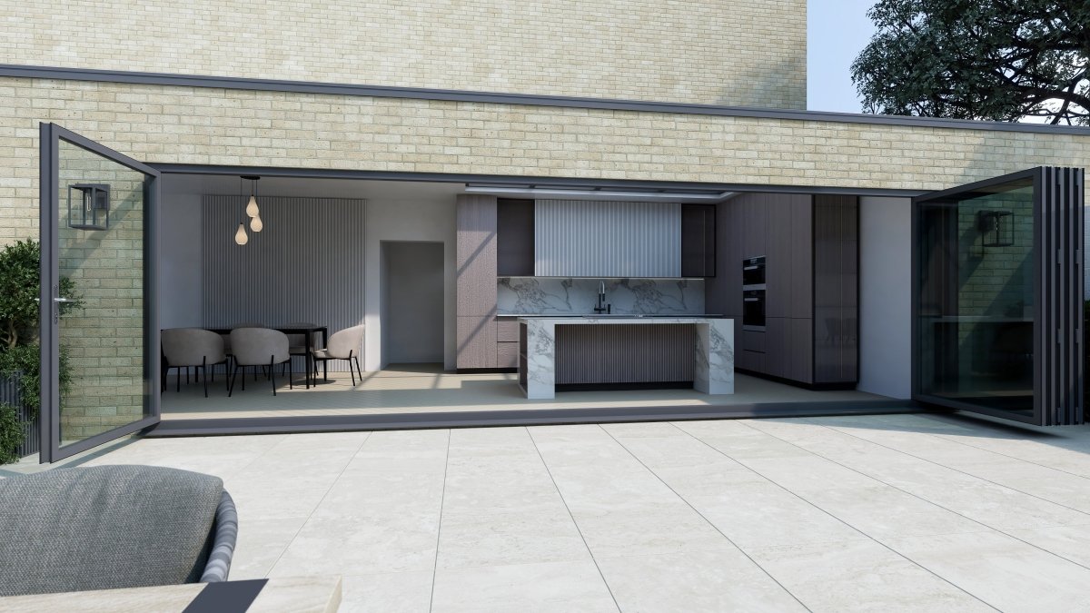 5300mm Anthracite Grey on White Bifold Door Korniche - 6 sections - Home Build Doors